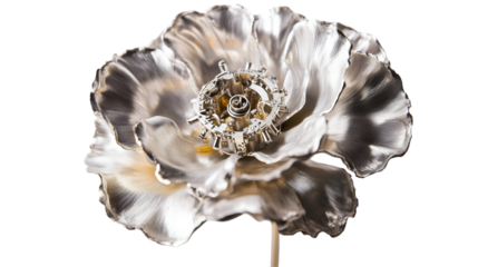 Intricate mechanical flowers made of gears and metal parts on transparent background. Detailed compositions combining floral elegance with futuristic and steampunk-inspired industrial aesthetics.