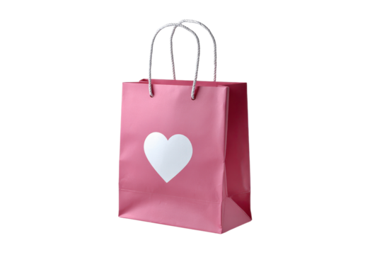 Pink paper gift bag with white heart and white rope handles on black image, Png, Isolated on Transparent Background, Cut Out