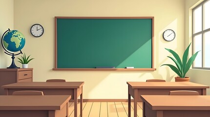 Inviting classroom scene with chalkboard, desks and globe ready for a day of learning
