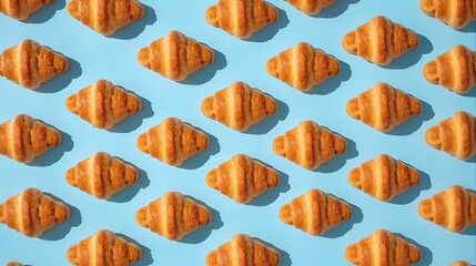 Fototapeta premium Seamless pattern of croissants on bright blue background, minimal food design, creative bakery concept with repetition, stylish pastry wallpaper for modern art, cafe branding, and decoration.