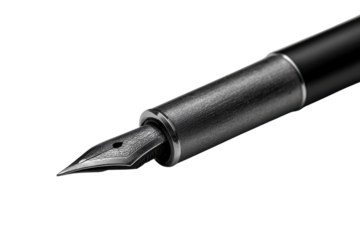 Close up macro shot of a brushed metal fountain pen nib and barrel writing, Png, Isolated on Transparent Background, Cut Out
