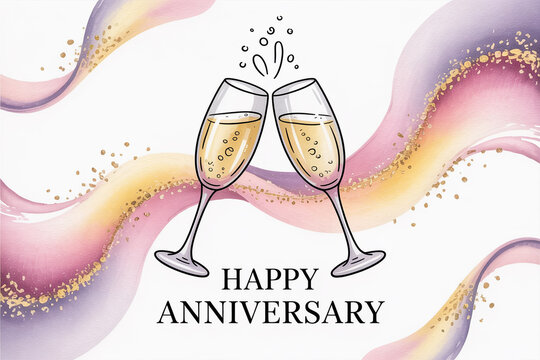 Celebrate a milestone with this elegant anniversary toast illustration featuring champagne flutes, sparkling bubbles, and pastel watercolor accents for a special occasion