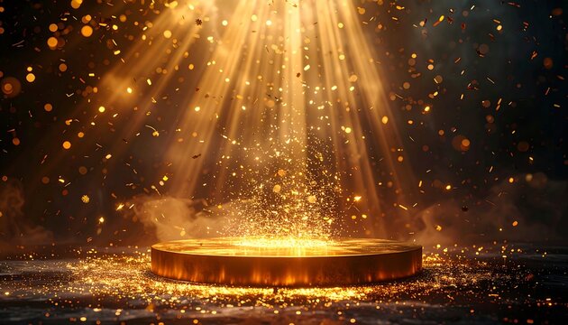A golden spotlight illuminates a circular platform with falling confetti, suggesting celebration, luxury and success against a dark backdrop