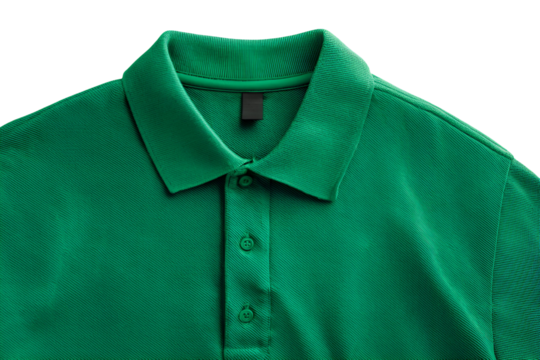 Close up detail of a green polo shirt collar and buttons isolated on transparent background