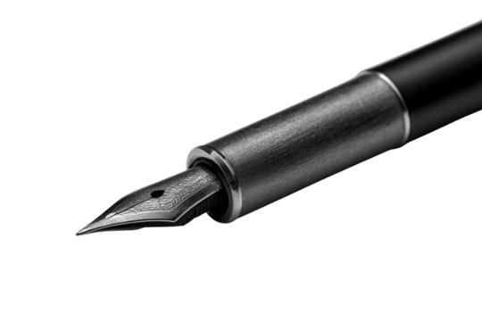 Close up macro shot of a brushed metal fountain pen nib and barrel writing, Png, Isolated on Transparent Background, Cut Out
