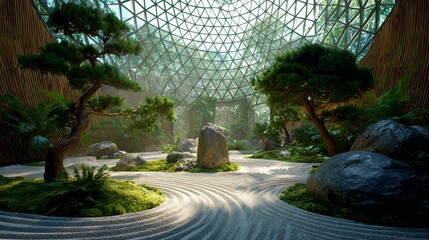 Futuristic zen garden experience within a virtual reality dome with soft focus aesthetic