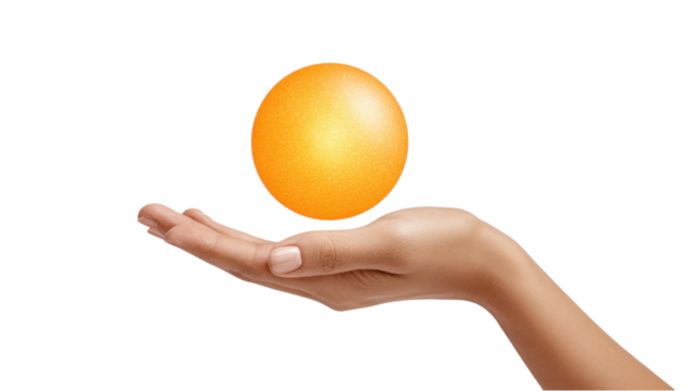 Hand Holding Golden Sphere on White Background