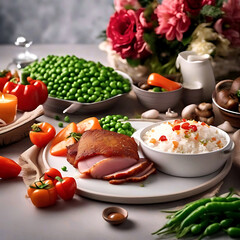 Home-style meat plate with vegetables, rice, and creamy sauce served on a cozy rustic table. Perfect comfort meal concept.
