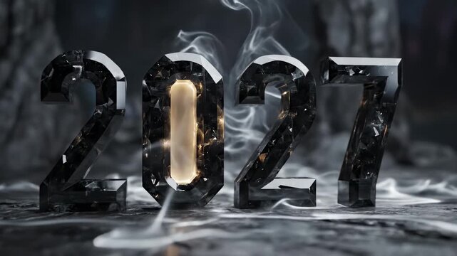 Futuristic 2027 numbers with smoke and light effects.
