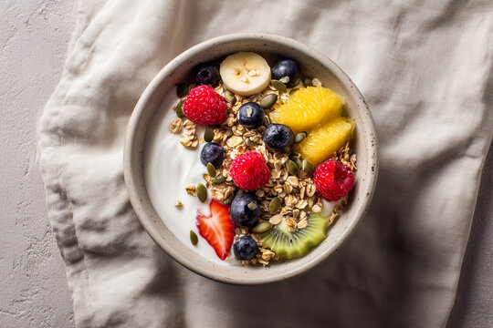 Ciotola di yogurt bianco con mirtilli, lamponi, kiwi e cereali croccanti, alimentazione equilibrata