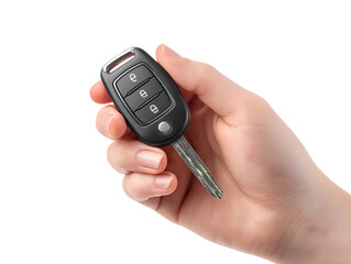 Hand holding a modern car key fob with a physical key attached isolated on transparent background