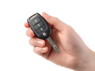 Hand holding a modern car key fob with a physical key attached isolated on transparent background