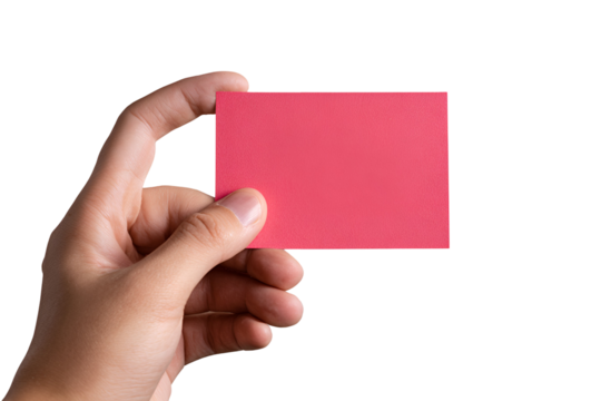 Hand holding a blank pink square card isolated on transparent background