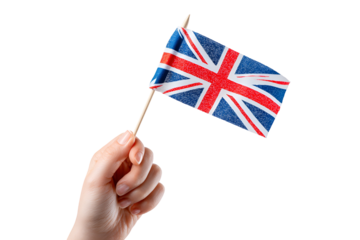 Hand holding a small united kingdom flag on a stick isolated on transparent background