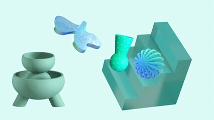 A set of green gardening tools, isolated on a white background, with a plastic handle on each object