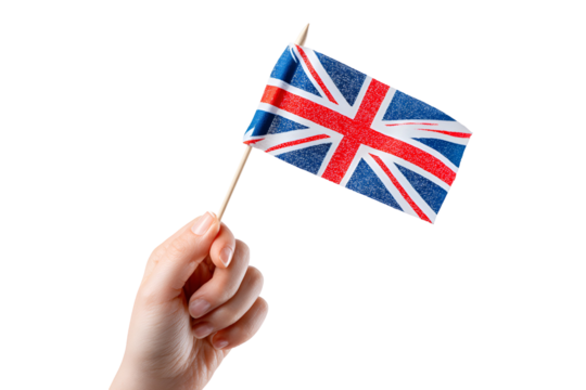 Hand holding a small united kingdom flag on a stick isolated on transparent background