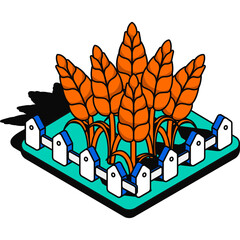 Isometric Farm Scene Featuring Golden Wheat Stalks Surrounded by a White Picket Fence with Blue Accents on a Teal Square Base