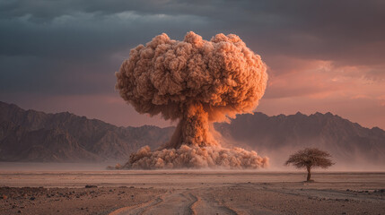 Massive mushroom cloud rising over barren desert landscape with dusty ground and a lone tree at sunset under a dramatic cloudy sky with distant mountain range in the background