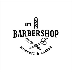 Vintage Barbershop Logo with Scissors, Razor, and Barber Pole Illustration