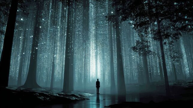 Person amidst a digital forest of data particles illuminated by soft, serene light - Powered by Adobe