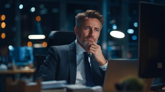 Serious and focused senior businessman working late in a dark modern office, looking intently at his computer screen while pondering an important corporate or financial decision.