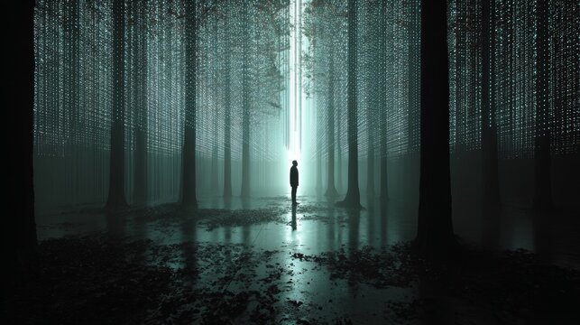 A serene figure in a virtual forest constructed from data particles and gentle illumination