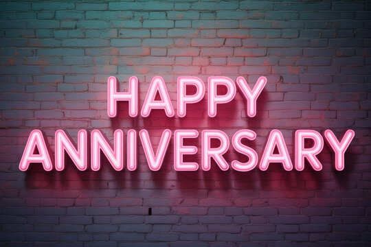 Celebrate a special milestone with vibrant neon happy anniversary wishes against a rustic brick backdrop perfect for greeting cards, social media, and party invites