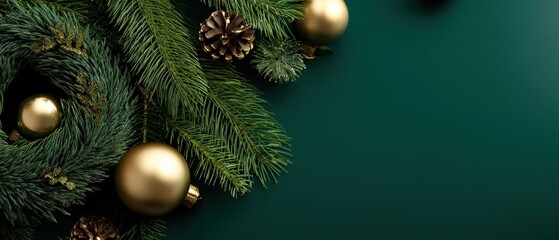 Elegant Christmas wreath with golden ornaments and pine cones on dark green background Festive holiday season decoration concept with copy space for text