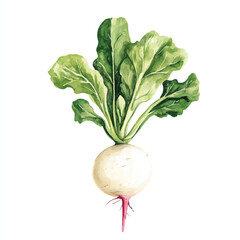 Fresh White Radish with Green Leaves Watercolor Illustration