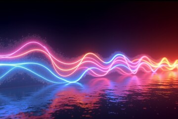 Vibrant neon waves of pink, blue, and orange glide across a reflective surface, creating a futuristic, glowing spectacle against a dark backdrop.