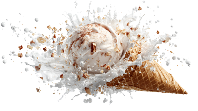 Delicious ice cream cone with a splash of milk isolated on transparent background