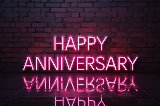 Celebrate lasting love and milestones with this vibrant pink neon Happy Anniversary sign against a rustic brick wall, radiating joy and affection for greetings