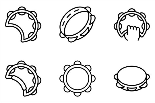 Tambourine musical instrument icon set. Folk instrument for beating out rhythm on white background