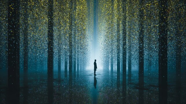 Individual standing in a tranquil virtual forest composed of data particles and gentle light