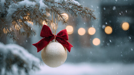 Golden Christmas Ornament on Snowy Fir Branch with Bokeh Lights