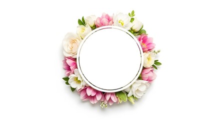 Delicate spring floral arrangement encircling a pristine white copy space, ideal for crafting charming invitations, announcements, or elegant seasonal greetings