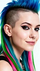 Obraz premium Studio portrait of punk girl with colorful hair, white background, edgy style. 