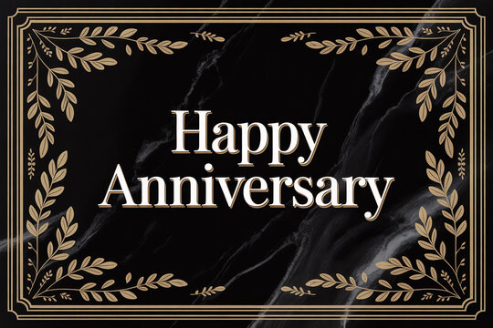 Celebrate your special milestone with this elegant Happy Anniversary message featuring a luxurious marble backdrop and golden leaf accents for invitations and cards