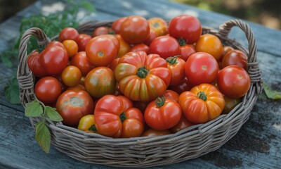 Freshly harvested tomatoes in a wicker basket on a wooden table