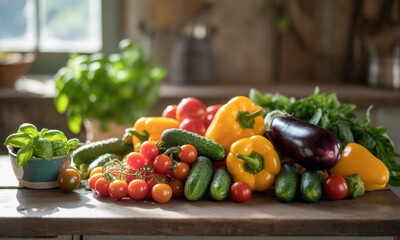 Freshly harvested vegetables on a rustic wooden table, bathed in