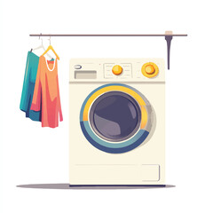 Frontloading washing machine with colorful clothes hanging on a rack