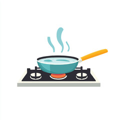 Frying pan on a gas stove with boiling water and steam