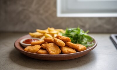 Fried chicken nuggets, fries, and salad on a plate