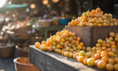 Freshly picked, vibrant yellow-orange berries piled high on a rustic wooden market stall. Blurred background of a bustling marketplace