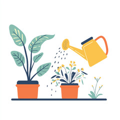 Gardening illustration of watering plants in pots