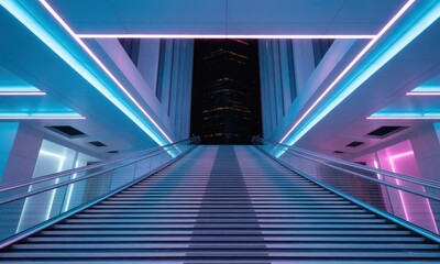 Futuristic neon-lit staircase ascending to a dark, city skyline