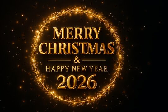 Elegant Merry Christmas and Happy New Year 2026 greeting with golden light wreath on black background for festive holiday season celebrations - Powered by Adobe