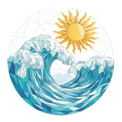  Geometric Ocean Waves and Sun Illustration