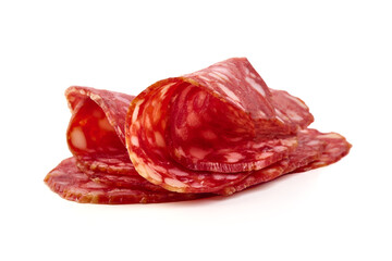 Fototapeta premium Salami slices stack, isolated on white background