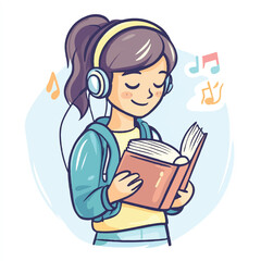 Girl engrossed in reading with headphones on surrounded by musical notes